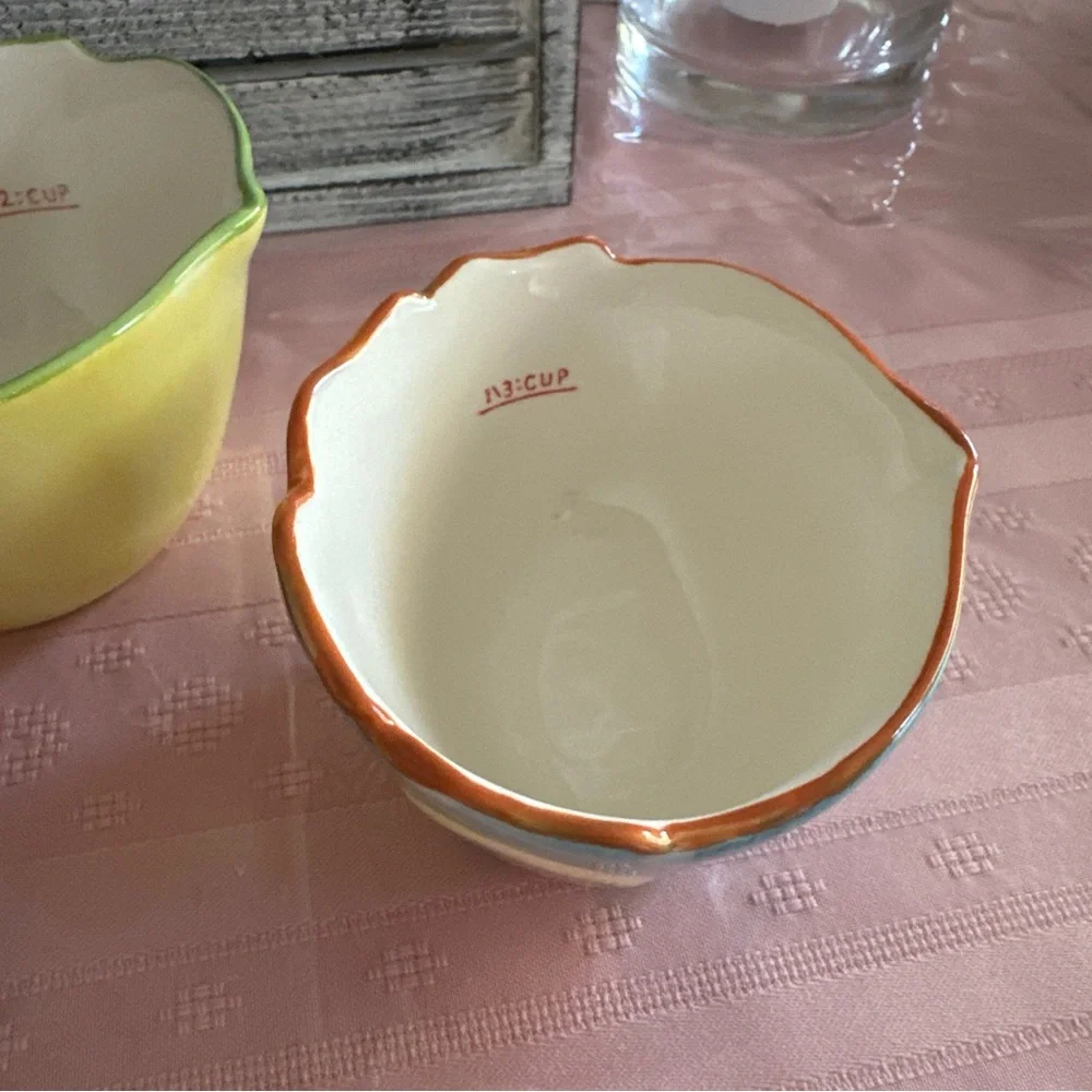 Pier 1 imports set of four measuring cups nesting, hand painted stoneware new